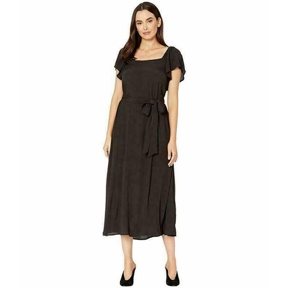 Rachel Pally Crepe Sibil Dress XS Black Square Neck Flutter Sleeve Tie Waist - Picture 1 of 12